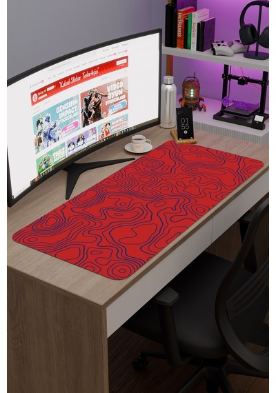 Kırmızı Lacivert 90x40 Taraftar Gaming Oyuncu Mouse Pad Kaymaz Taban Büyük Fare Altlığı Topography