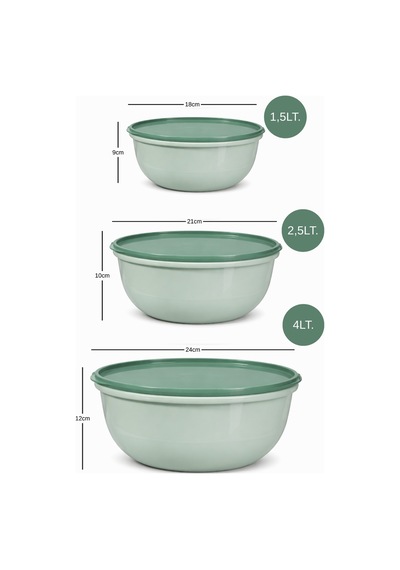 Ayza Model 3 Lü Yuvarlak Saklama Kabı Seti 1.5 Lt + 2.5 Lt + 4 Lt Yeşil