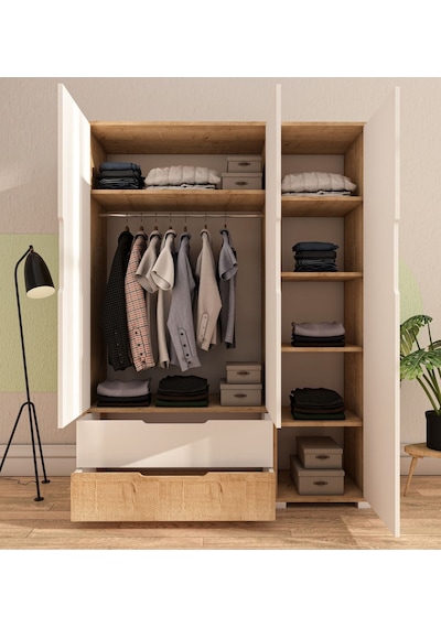 Flora 3 Kapaklı 2 Çekmeceli Gardırop Safir Meşe - Beyaz Elbise Dolabı