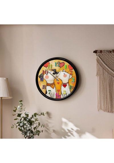 Aşk Temalı Sevimli Köpekler Dekoratif Duvar Saati 28 Cm Sessiz Mekanizma Çok Renkli 66452227