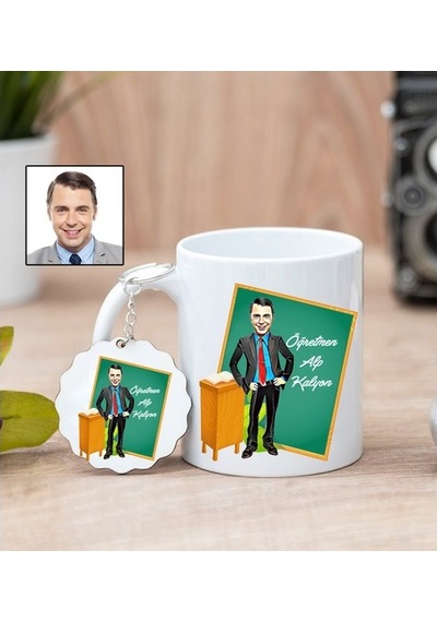 Öğretmene Karikatürlü Kupa Bardak Ve Anahtarlık