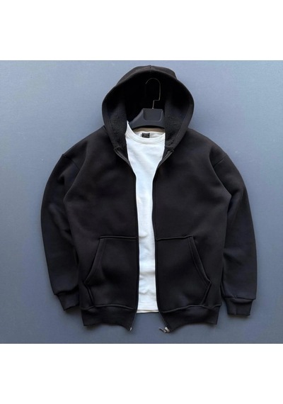 Tarzyeri Erkek 3 İplik Şardonlu Tam Fermuarlı Kapüşonlu Arka Çanta Detaylı Sweatshirt - Siyah