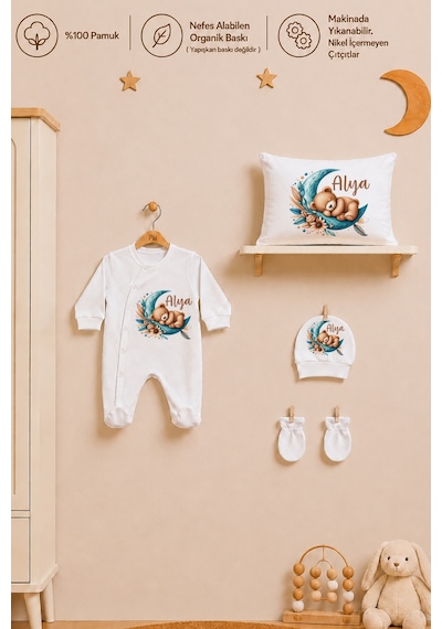 Pia Baby Kız Bebek Hastane Çıkışı 6 Parça %100 Pamuk İsme Özel Kese Hediyeli Tulum Şapka Eldiven Seti 1012tybkyx Krem