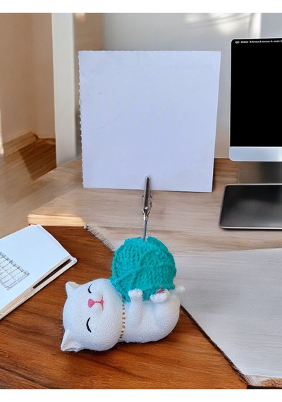 Turkuaz Yumaklı Yatan Kawaii Kedi Temalı Not Tutacağı Fotoğraf Tutacak Tutucu Ofis Hediyelik Turkuaz