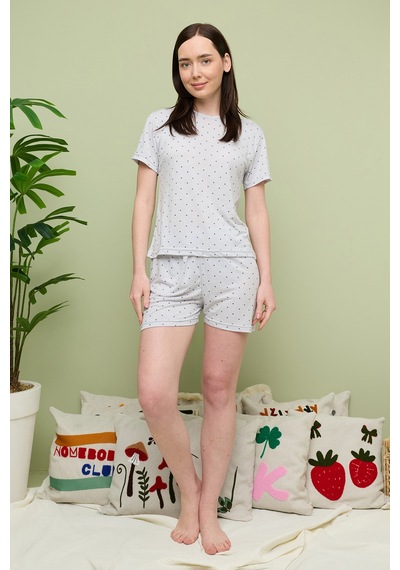 Fullamoda Yıldız Desenli Bisiklet Yaka Şortlu Pijama Takımı Gri