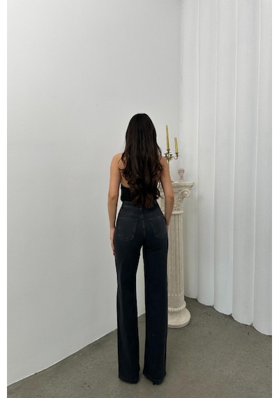 Lacarino 7984 Wide Leg Kadın Jean Pantolon Siyah Taşlı
