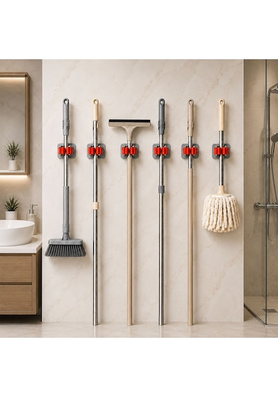 Paspas Süpürge Fırça Ve Mop Askısı Sap Tutucu Mutfak Banyo Askı Yapışkanlı Düzenleyici Askılık Gri