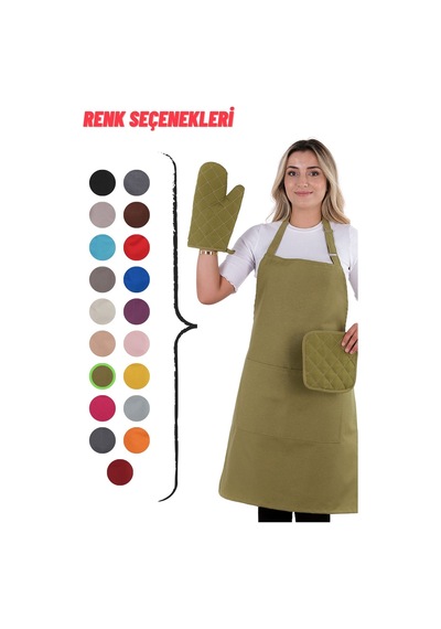 Simple 3lü Set Ayar Askılı Mutfak Önlüğü Seti Eldiven, Tutacak Fıstık Yeşili