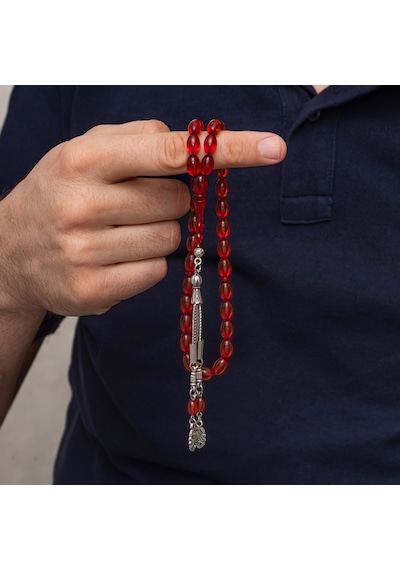 Premium Parlak Eskitmeli Metal Püsküllü Arpa Kesim Sıkma Kehribar Tesbih