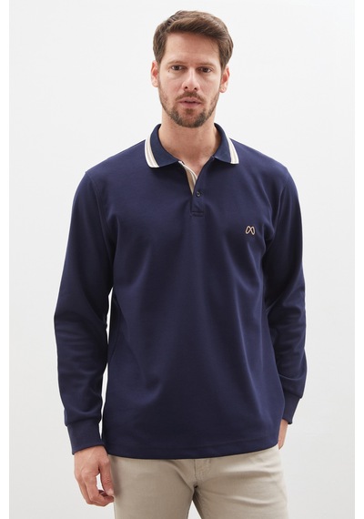 Fullamoda Nakışlı Yarım Düğmeli Polo Yaka Modal Sweatshirt Lacivert