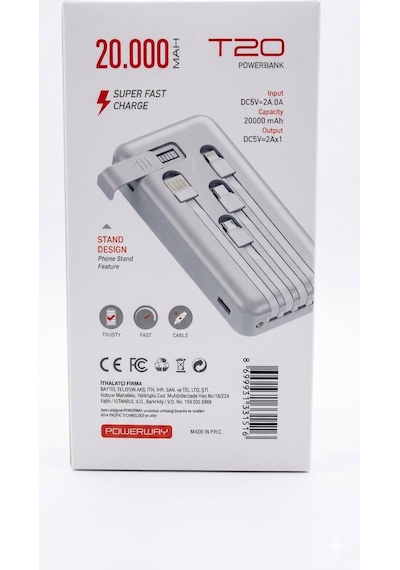 Powerway T20 Stand Özellikli 20000mah Hızlı Şarj Powerbank Beyaz