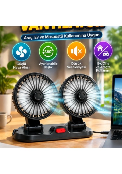 Çift Başlıklı Taşınabilir Vantilatör Araç, Ev Ve Masaüstü Kullanıma Uygun
