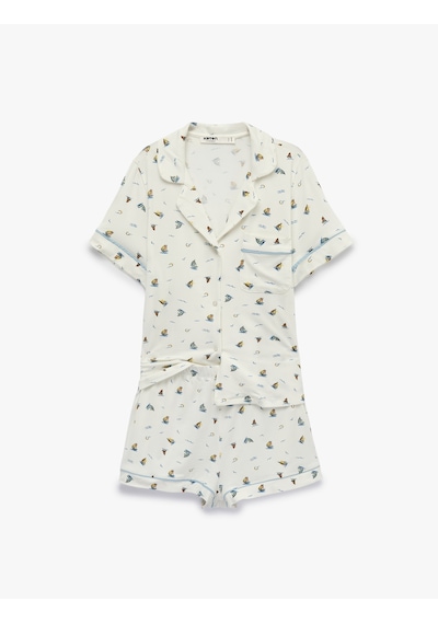 Koton Modal Kumaş Rahat Kalıp Kısa Kollu Gömlek Yaka Şortlu Pijama Takımı Ekru Desenli 6slk40124mk Koton Modal Kumaş Rahat Kalıp Kısa Kollu Gömlek Yaka Şortlu Pijama Takımı Ekru Desenli 6slk40124mk