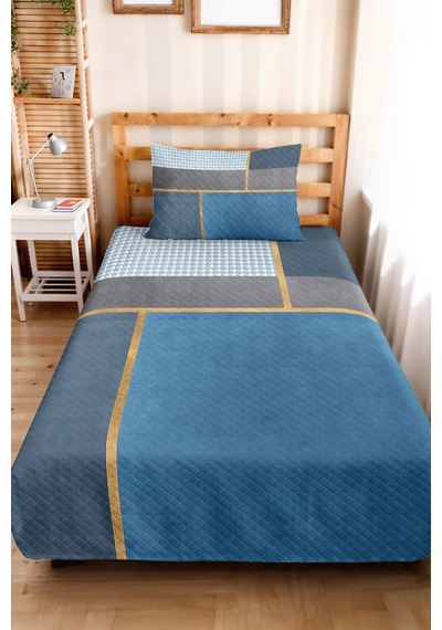 Mavi Geometrik Modern Genç Odası Tek Kişilik Pike Takımı - Gri Gold 160x220 Cm Kapitone Yatak Örtüsü Gümüş