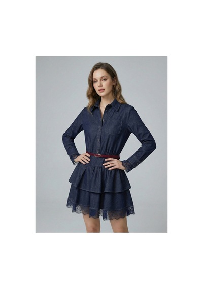Meecy Kemerli Gömlek Yaka Dantel Garnili Jean Elbise Romantik Stil Mini Denim Elbise Lacivert Lacivert Meecy Kemerli Gömlek Yaka Dantel Garnili Jean Elbise Romantik Stil Mini Denim Elbise Lacivert Lacivert