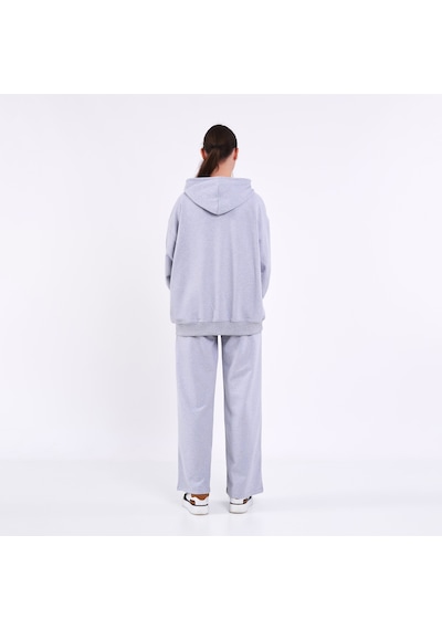 Mmetalic Kadın Gri Normal Kalıp Basic Beli Lastikli Kapüşonlu Oversize Mevsimlik Alt Üst Eşofman Takımı