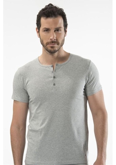Cacharel 1308 Düğmeli Kısa Kollu Erkek T-shirt - Gri Melanj Gri Melanj