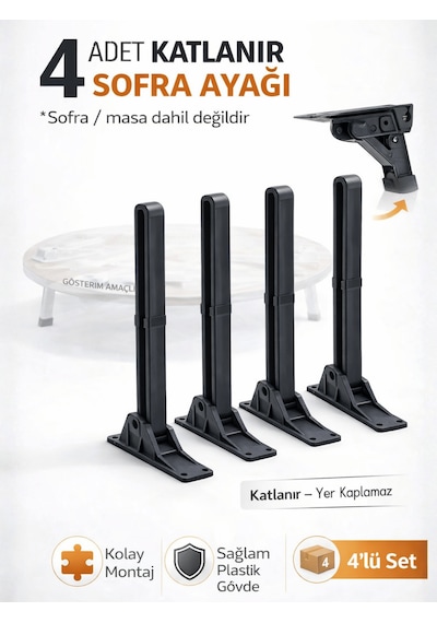 4'lü Katlanabilir Yer Sofrası Ayağı 4 Kademeli Laptop Sehpa Sini Kamp Masası Plastik Ayak Siyah 21cm Siyah