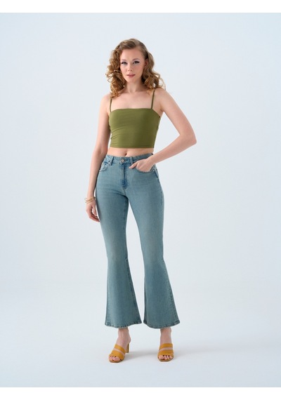 Long Flare Slim Fit Kadın Pantolon Denim