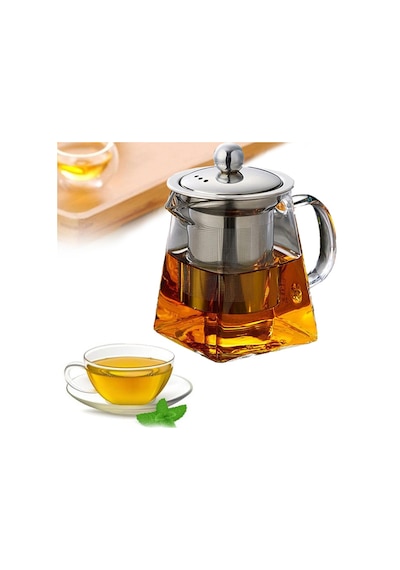 Borosilikat Cam Çelik Süzgeçli Ve Kapaklı Piramit Demlik 750 Ml Şeffaf