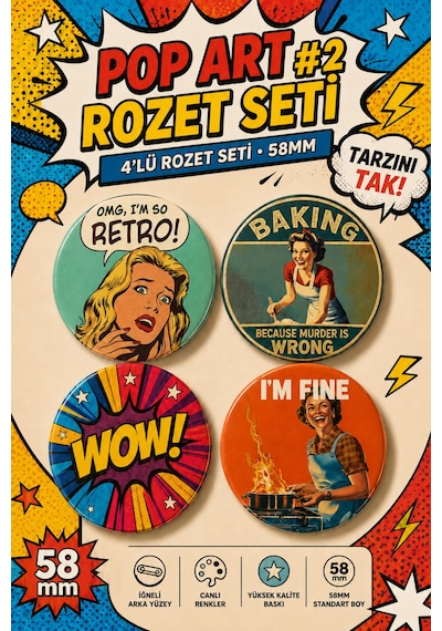 Mashspot 4 Lü Retro Pop Art Rozet Seti 58 Mm Renkli Vintage Tasarım 2 Çanta Ceket Aksesuar Rozet Çok Renkli