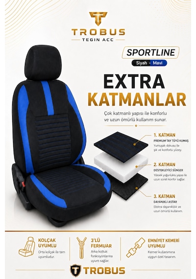 Seat Ateca 2016 Sonrası Uyumlu Sportline Serisi Siyah Mavi Ortopedik Tay Tüyü Koltuk Kılıfı