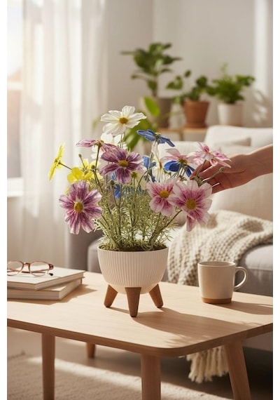 Yapay Çiçek Renkli Gerbera Papatya Salon Çiçeği Zigon Saksıda Yapay Bitki 50 40cm Yeşil