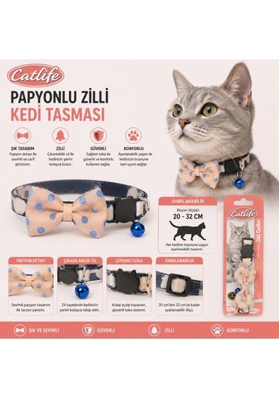 Catlife Papyonlu Zilli Kedi Tasması Ayarlanabilir 20-32 Cm Emniyet Tokalı - Lacivert Ekose