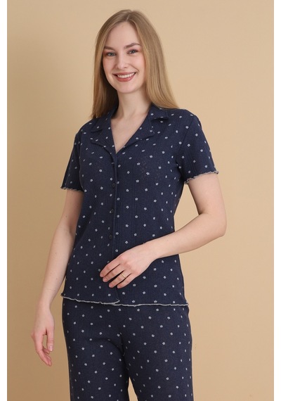 Wordex Mirano 1709 Çiçekli Pointel İnce Kumaş Düğmeli Kısa Kollu Kadın Pijama Takımı Lacivert Wordex Mirano 1709 Çiçekli Pointel İnce Kumaş Düğmeli Kısa Kollu Kadın Pijama Takımı Lacivert