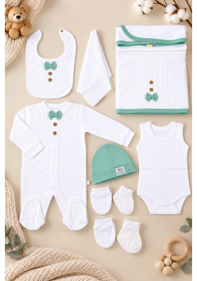 Babyhola Organik %100 Pamuk Kız Erkek Bebek Yenidoğan Tulum Zıbın Battaniye 8'li Set 0-3 Ay Hediyeli Mint Yeşil
