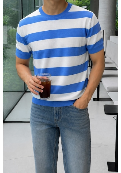 Tarz Cool Erkek Çizgili Triko Tişört Bisiklet Yaka Slim Fit Yazlık İnce Dokulu Mavi