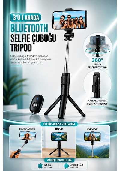 Concord 3'ü 1 Arada Bluetooth Selfie Çubuğu Tripod Kumandalı Telefon Tutucu Monopod 360 Döner Siyah
