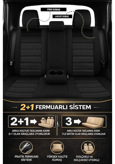 Speed Serisi Pike Kumaş Üniversal Oto Koltuk Kılıfı - 5 Koltuk Tam Set Siyah