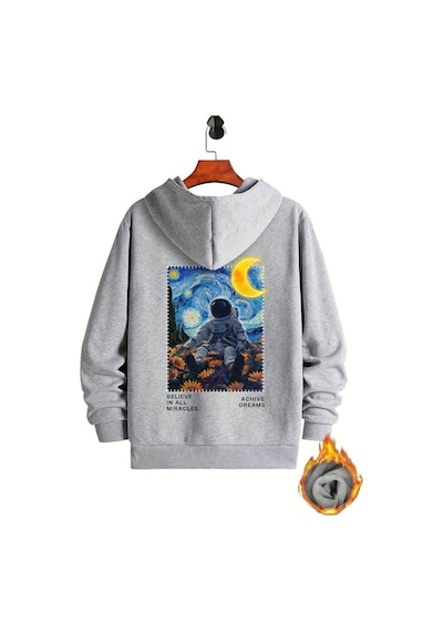 Medinenur Astronot Arka Baskılı Kapüşonlu Sweatshirt Gri