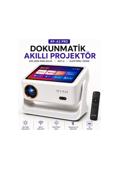 Ev Sinema Projeksiyon Cihazı Akıllı Projektör 450 Ansı 4k Destekli Hd Wifi Bluetooth