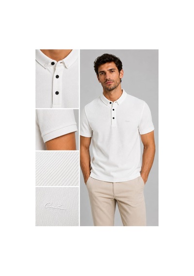 Wiox Polo Yakal Çıtlı Jakarlı Tişört Beyaz