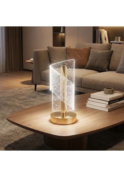 Buffer Çapraz Kavisli Kristal Simli Led Masa Lambası Gold Gövdeli, Dokunmatik, 3 Kademe Iş Çok Renkli