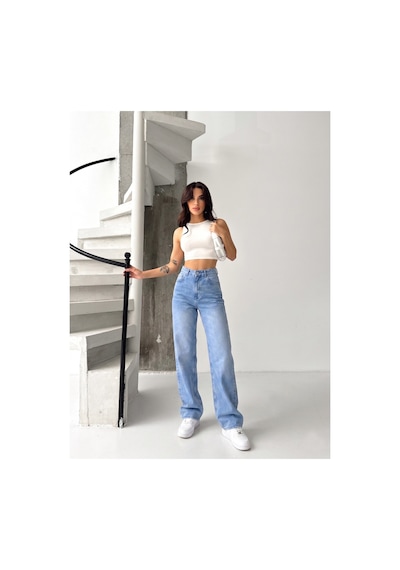 Kene Jeans Taş Yıkama Yüksek Bel Straight Denim Pantolon Taş Yıkama