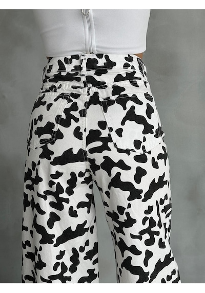 Zeo Basic Baggy Pantolon Beyaz&siyah İnek Desenli Beyaz-siyah