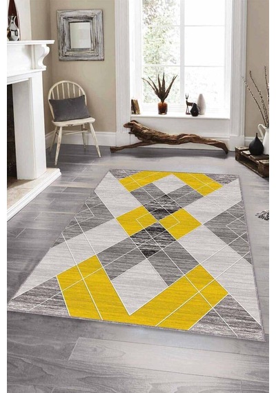 Sarı Geometrik Kaymaz Taban Makinede Yıkanabilir Halı Dd002n11