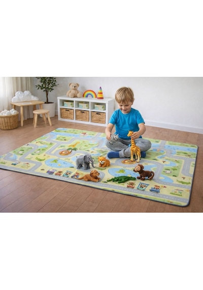 Pureza Çift Taraflı Rulo Oyun Matı 200CMX140CMX1CM Kaymaz, Darbe Emici, Su Geçirmez, Yeşil Parkur/Araba Yarışı | (Yerli Üretim)