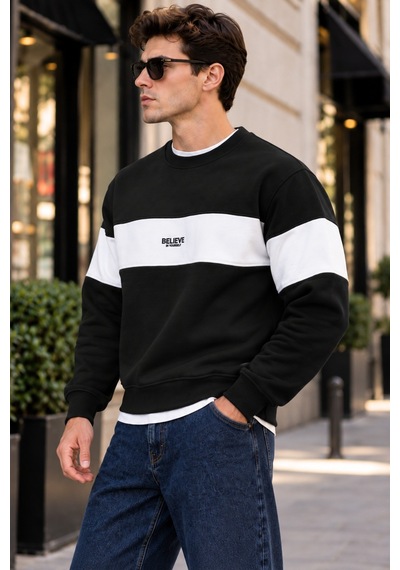 Tarz Cool Erkek Şerit Detaylı Believe Baskılı 3 İplik Şardonlu Bisiklet Yaka Sweatshirt Siyah