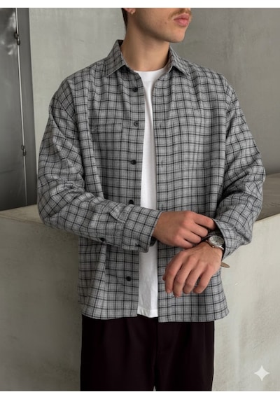 Erkek Oversize Kesim Kareli Gömlek Gri Melanj