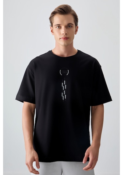 Air Jones Tommy Life Siyah %100 Pamuk Kalın Yumuşak Dokulu Oversize Fit Baskılı Erkek T-shirt - 88355 Siyah