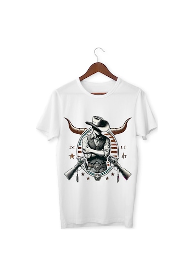 Alpşan Ticaret Kovboy Baskılı Tişört Çocuk Tişört Kovboy Unisex Yetişkin Tişört Beyaz