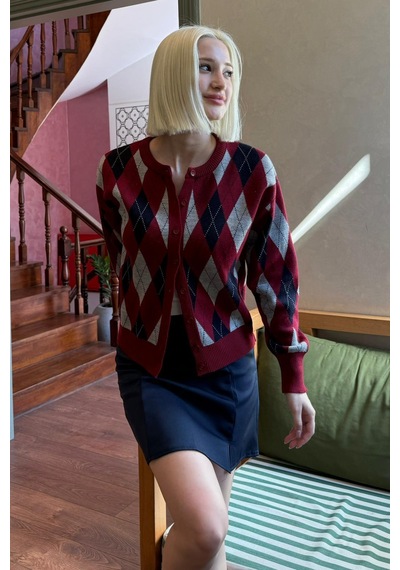 Madmext Bordo Baklava Desenli Bisiklet Yaka Kadın Hırka Mg2496 Bordo