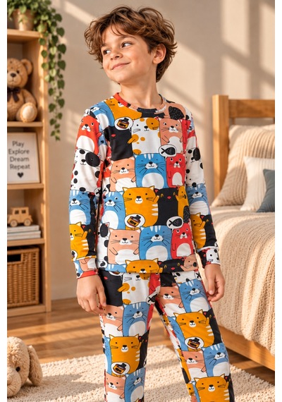 Free Beka Sevimli Desenli Bisiklet Yaka %100 Pamuklu İnterlok Kumaş Kız Ve Erkek Çocuk Uzun Kollu Pijama Takımı Çok Renkli