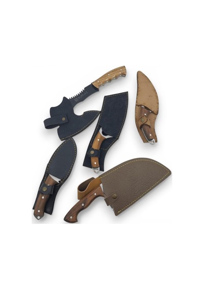 Surlaz Bıçak Seti, Ahşap Saplı Paslanmaz Çelik, Deri Kılıflı, 5'li Set, Mutfak Ve Outdoor Kullanımı, Kamp Bı