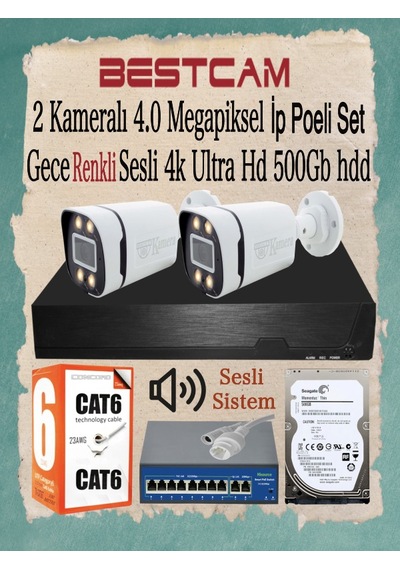 2 Kameralı 4 Mp İp Poeli Set Gece Renkli Sesli 4k Ultra Hd 500 Gb