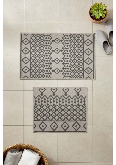 Gri Etnik Desen 2 Li Banyo & Klozet Paspas Takımı